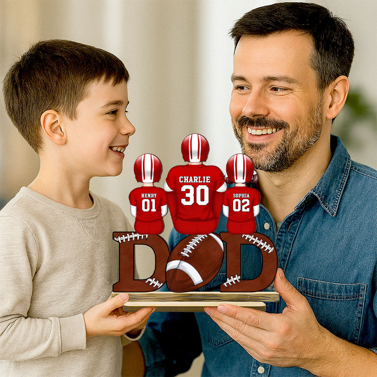Football Dad And Kids Back View Personalized Standing Wooden Plaque, Father's Day Gift for Husband, Gift for Dad