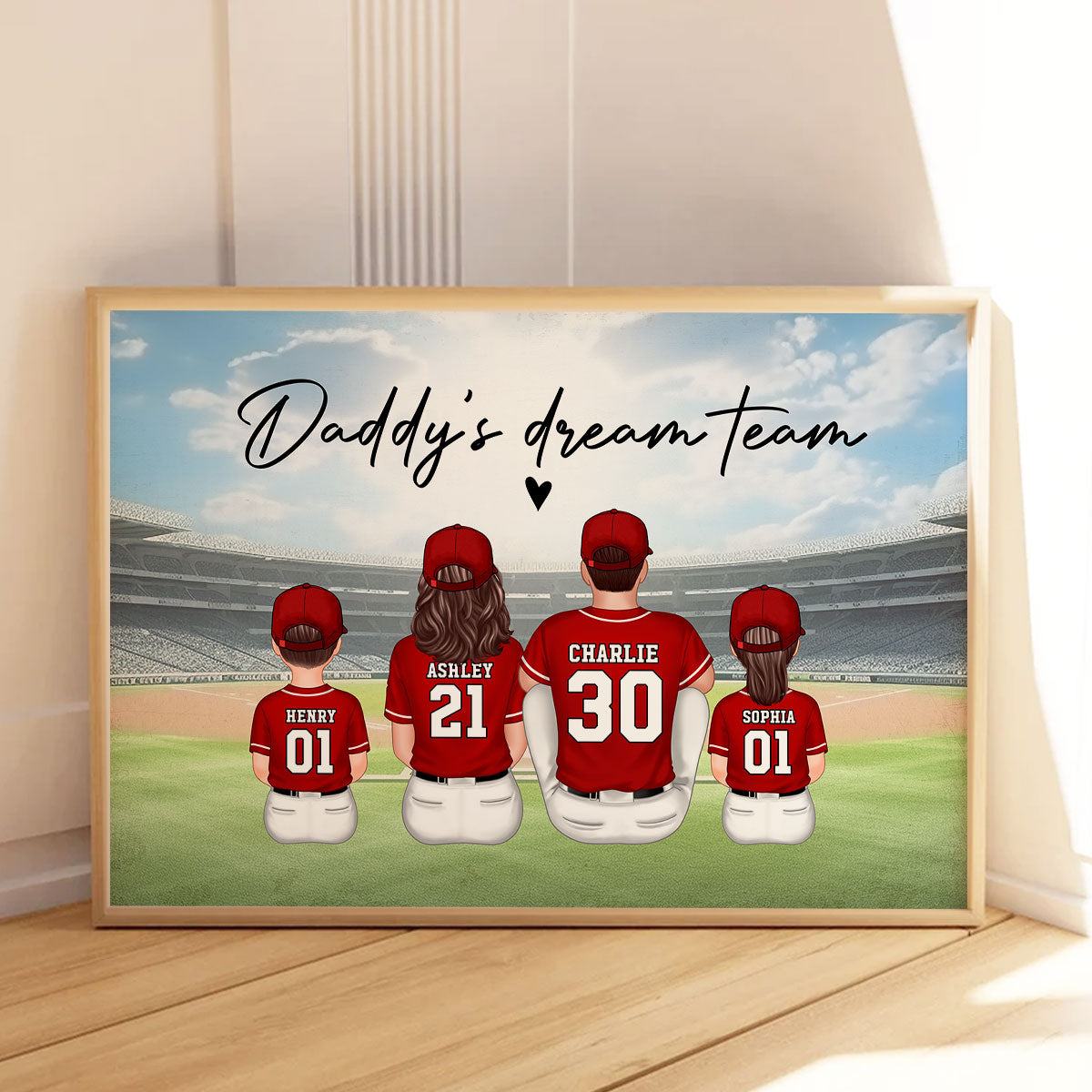 Daddy's Team Baseball Family Sitting Personalized Poster, Unique Father's Day Gift for Dad, Gift for Husband