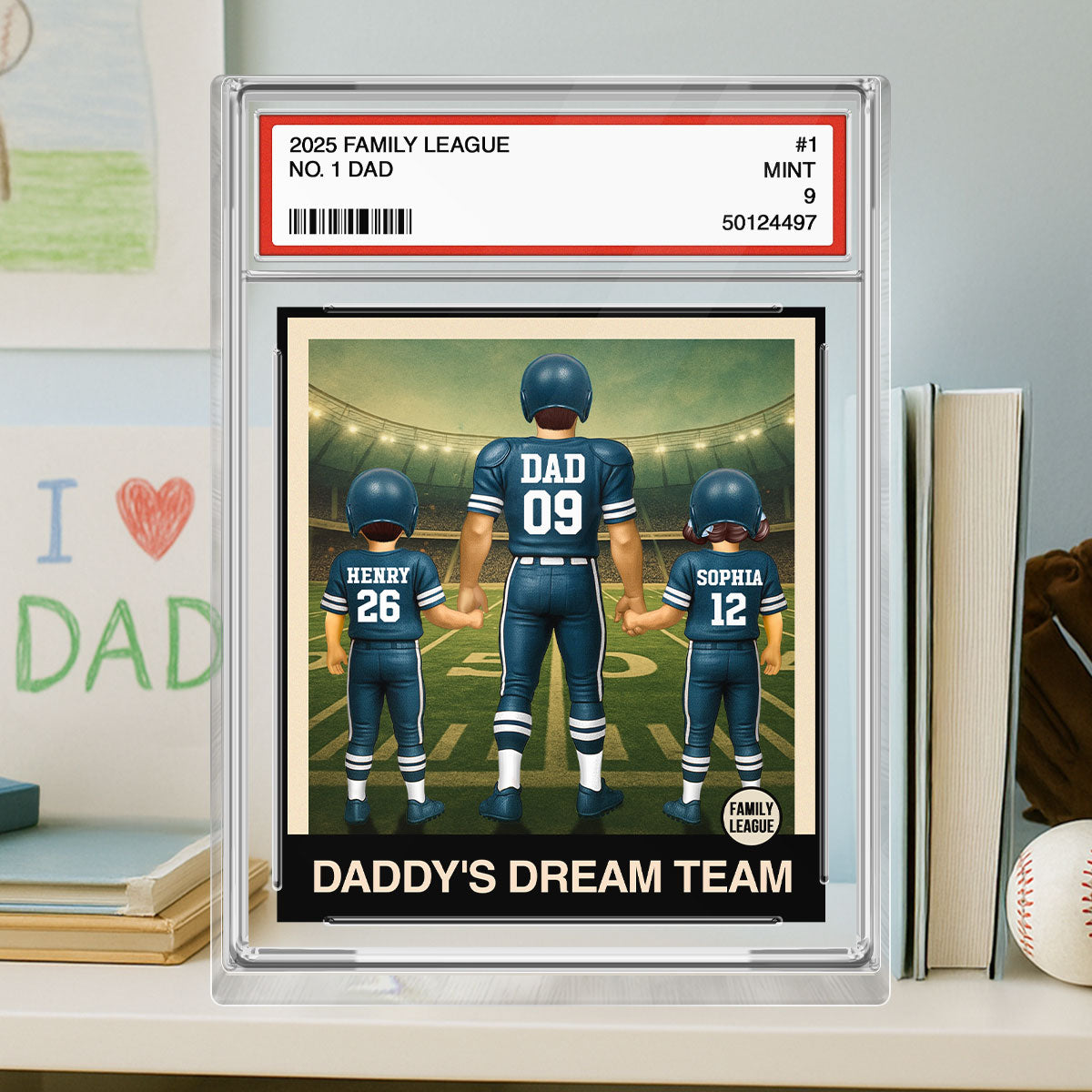 Football No. 1 Dad Man & Kids Trading Card Style Personalized Acrylic Block Plaque