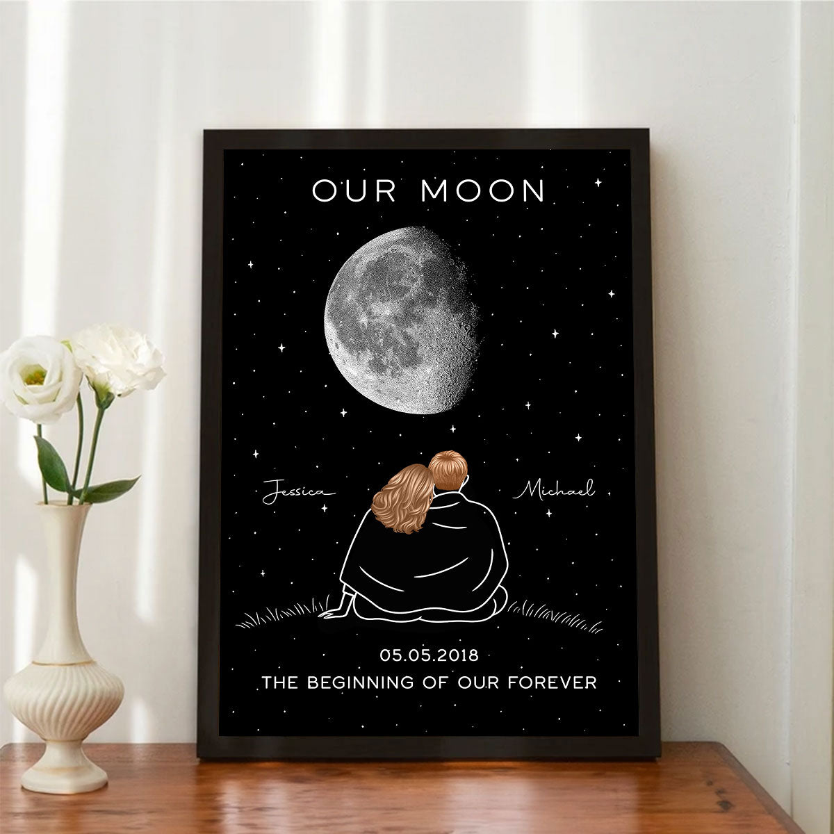 Couple Under Star Sky, Moon Phase Art Personalized Poster, Anniversary gift for him, for her