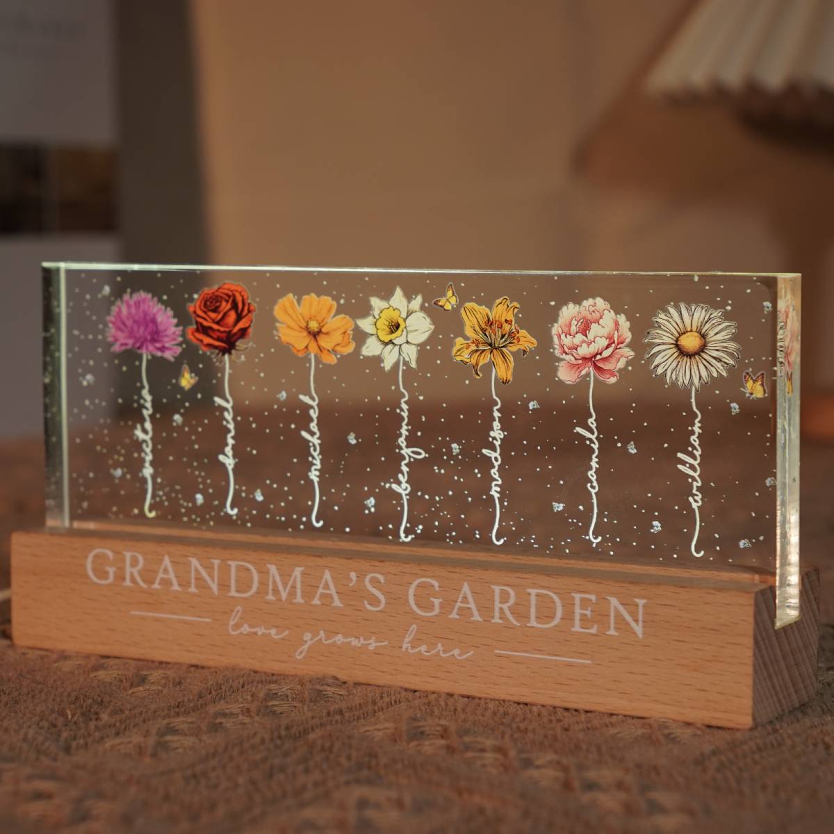 Grandma‘s Garden Birth Month Flowers Personalized Acrylic Block LED Night Light, Heartfelt Gift For Grandma