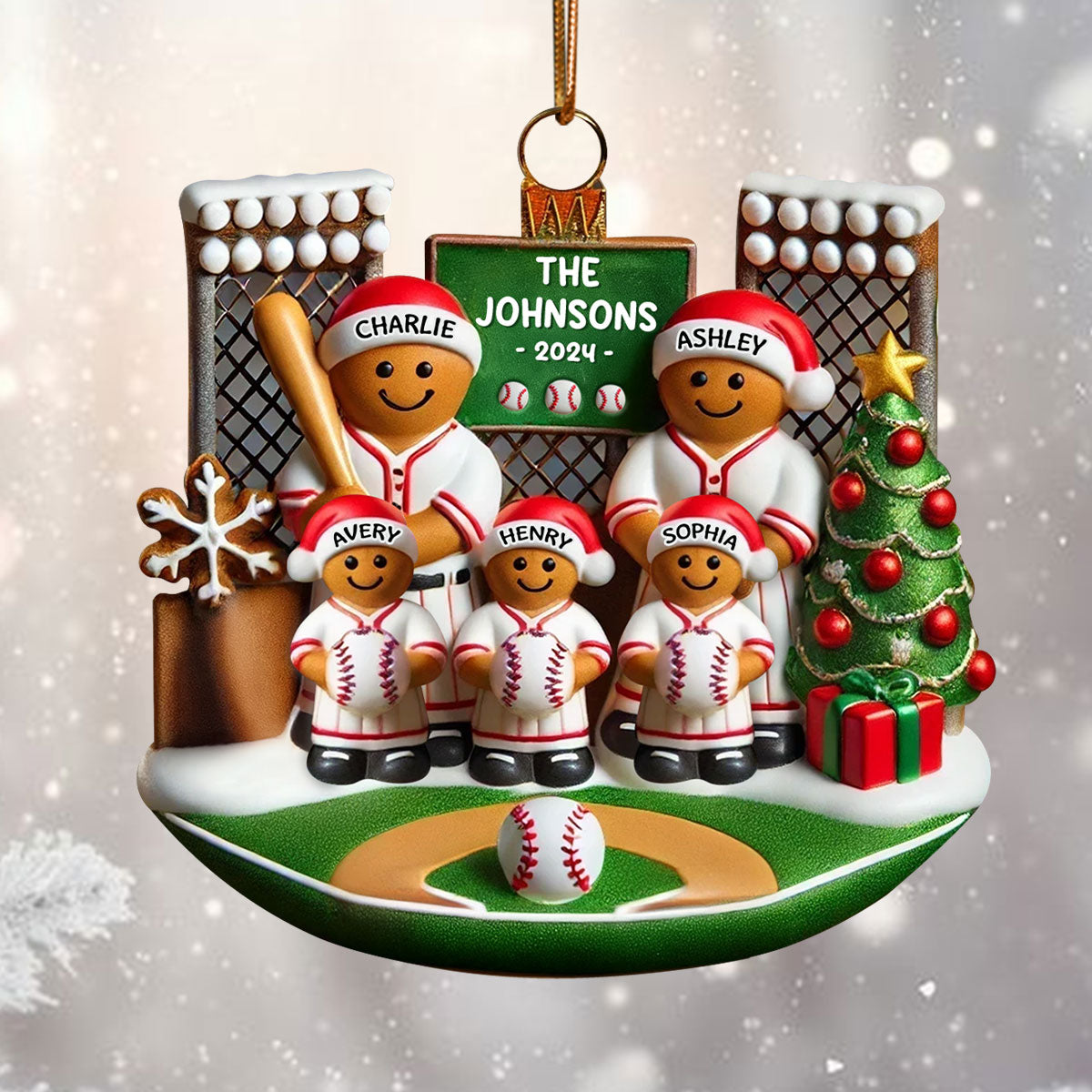 3D Effect Baseball Gingerbread Family On Field Sport Lover Personalized Acrylic Ornament