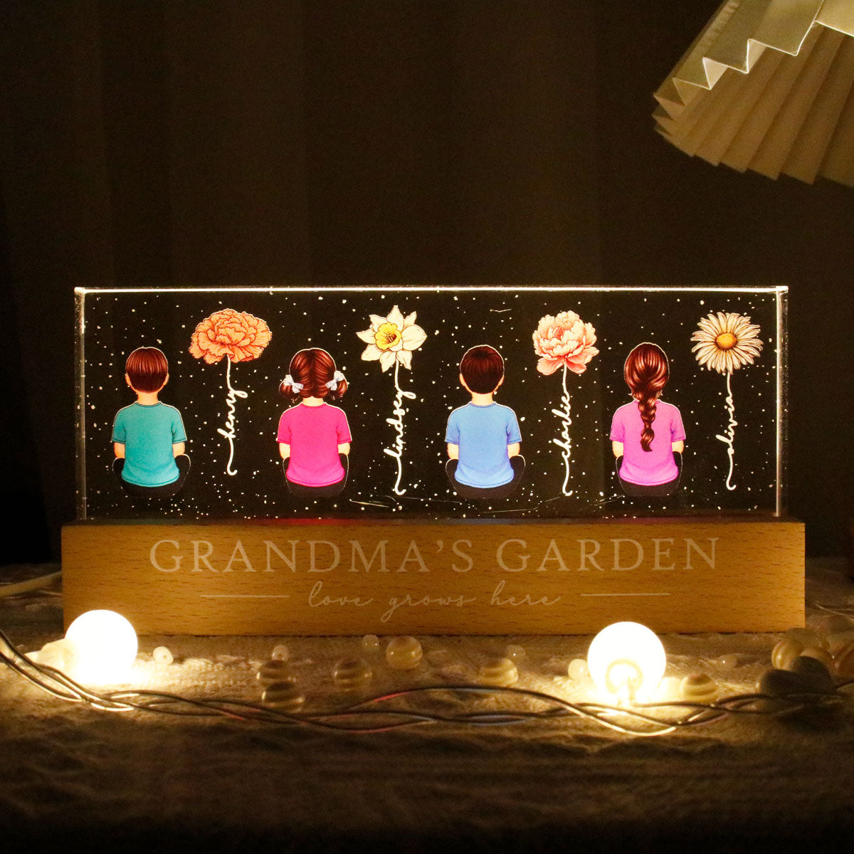 Vintage Birth Month Flowers Grandma's Garden Personalized LED Night Light, Gift For Grandma Mom