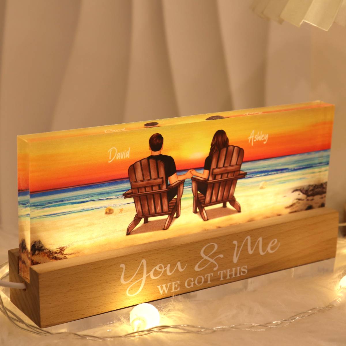 Couple Sitting At Beach Retro Personalized LED Night Light, Heartfelt 2025 Gift For Couple, Husband, Wife, Boyfriend, Girlfriend