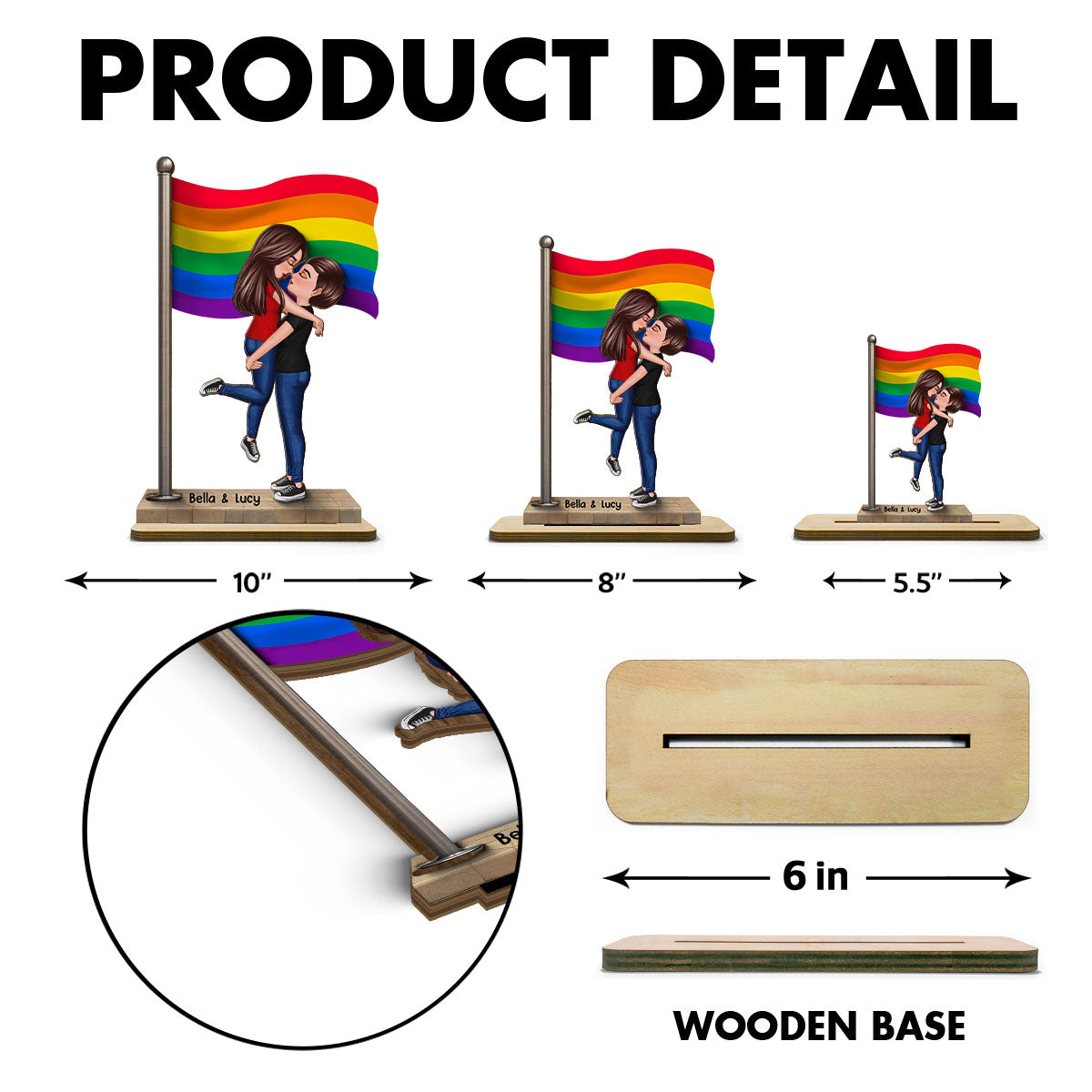 LGBT Couple Hugging Kissing Flag Personalized 2-Layered Standing Wooden Plaque, Pride Month Gift, Anniversary Gift