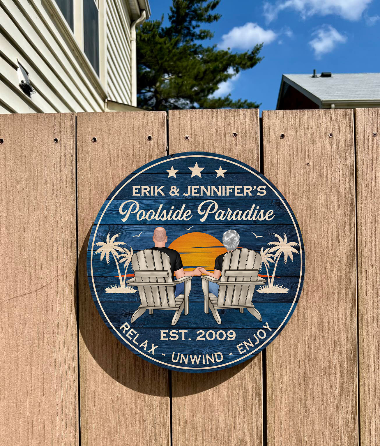 Poolside Paradise Couple Sitting Personalized Wood Sign, Summer Decor, Perfect for Bar, Pool Deck, Beach House, Backyard Walls