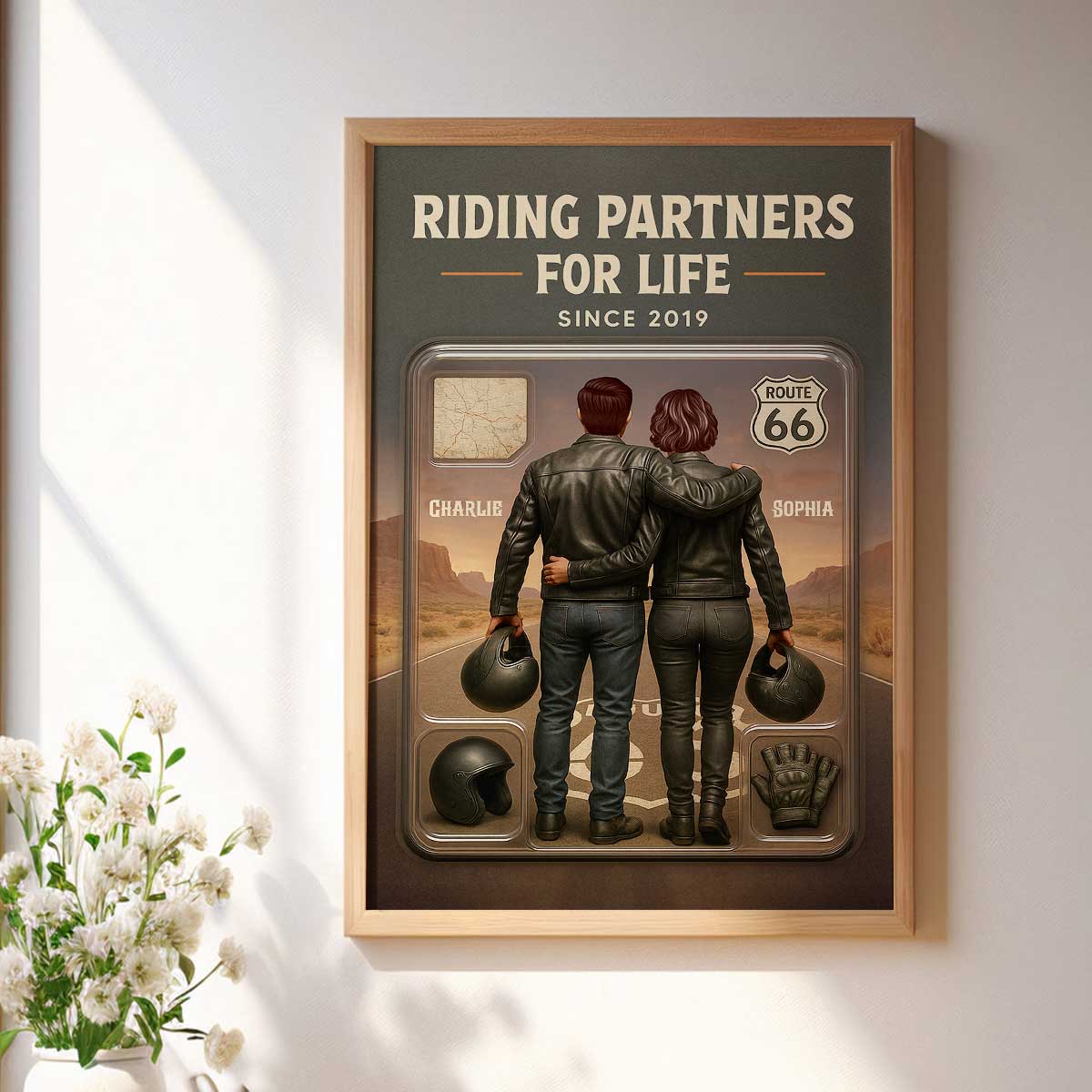 3D Effect Custom Figure Couple Bikers Riding Partners For Life Personalized Poster| Heartfelt Gift For Bikers