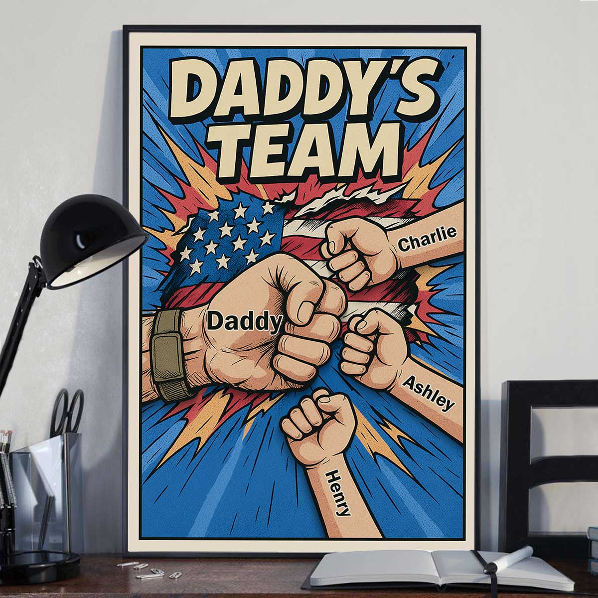 Daddy's Team Fist Bump Comic-Style Action Personalized Poster, Father's Day Gift for Dad