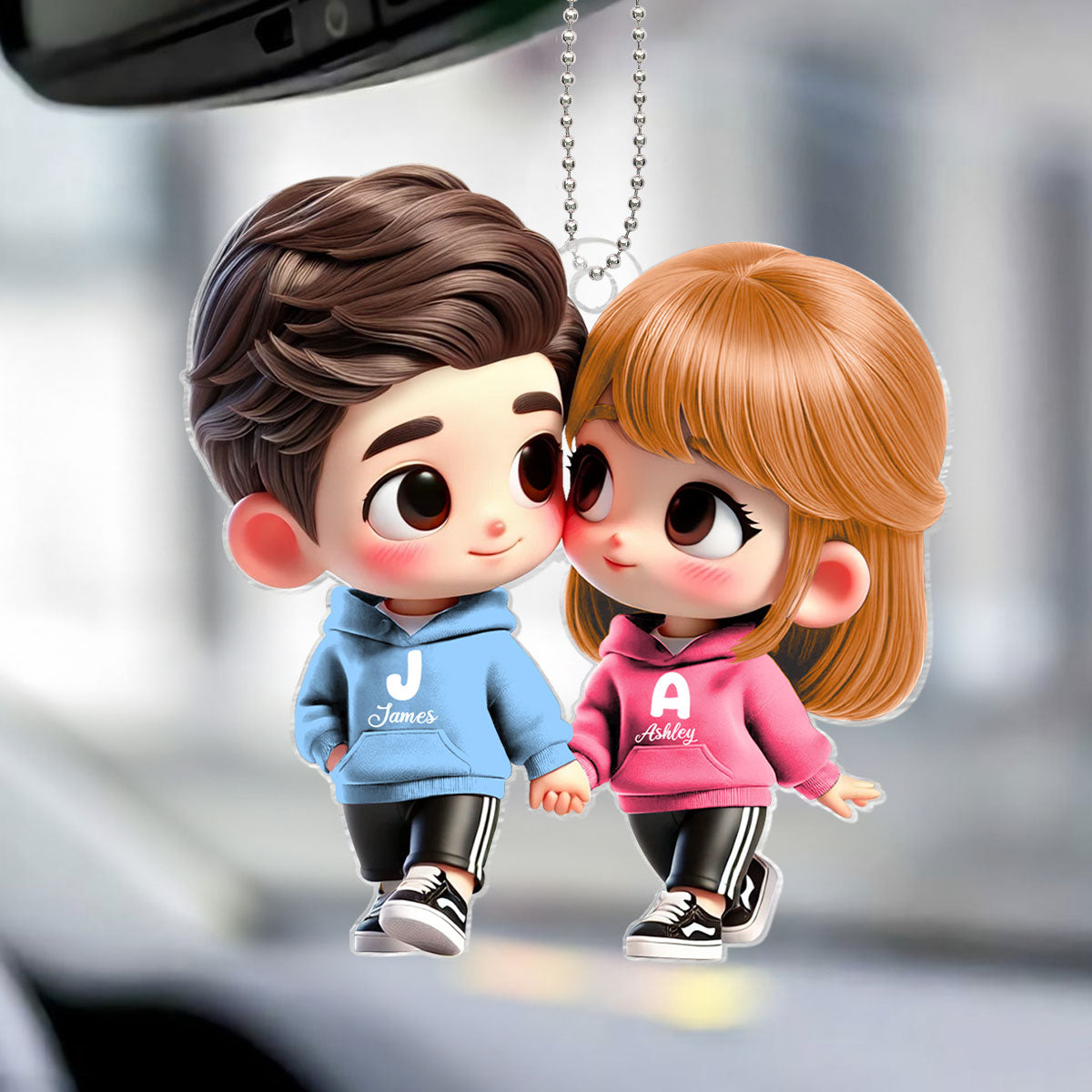 3D Effect Cute Cartoon Couple Holding Hands Personalized Acrylic Car Hanger, Anniversary & Gift for him, Gift for her