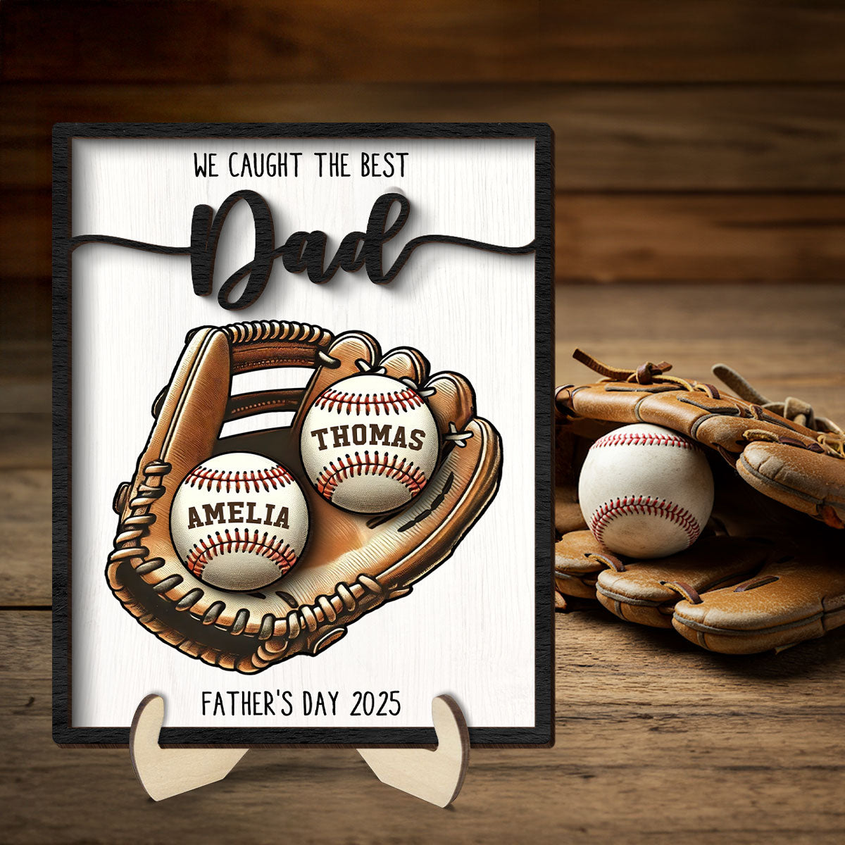 We Caught The Best Dad Baseball, Softball Personalized 2-Layer Wooden Plaque, Custom Kid's Name, Father’s Day Gift For Husband, Gift For Dad