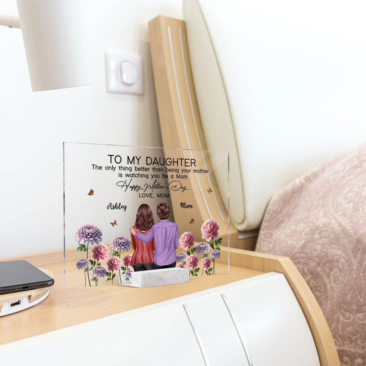 To My Daughter From Mom Happy Mother's Day Birth Flower Personalized Rectangle Acrylic Plaque with Stand, Gift For Daughter