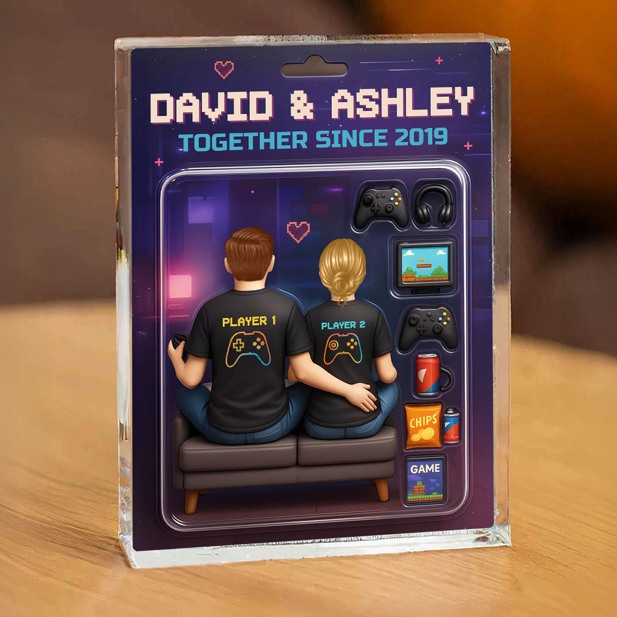 Game Players Couple, Toy Box Figures Style, Personalized Acrylic Block Plaque, Unique Gift for Him, Gift for Her