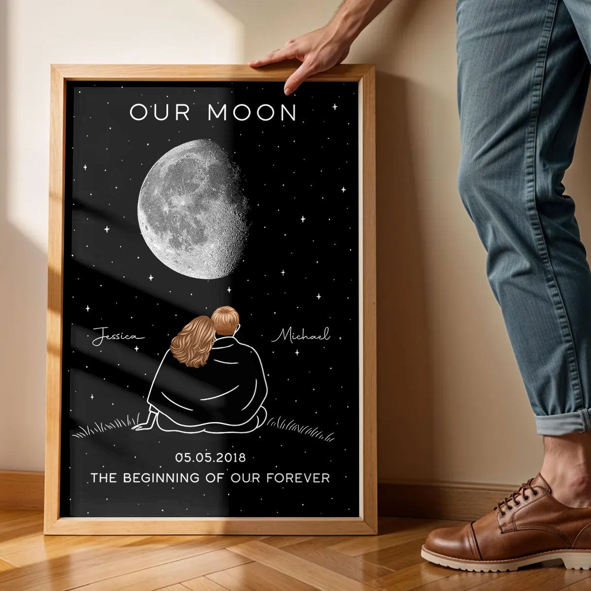 Couple Under Star Sky, Moon Phase Art Personalized Poster, Anniversary gift for him, for her