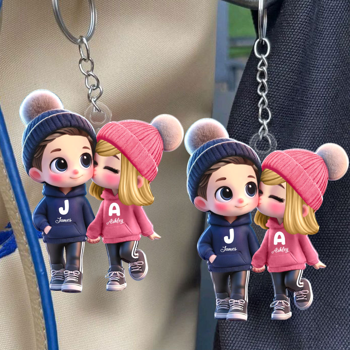 3D Effect Cute Cartoon Couple Walking Personalized Acrylic Keychain, Gift for Him, Gift for Her