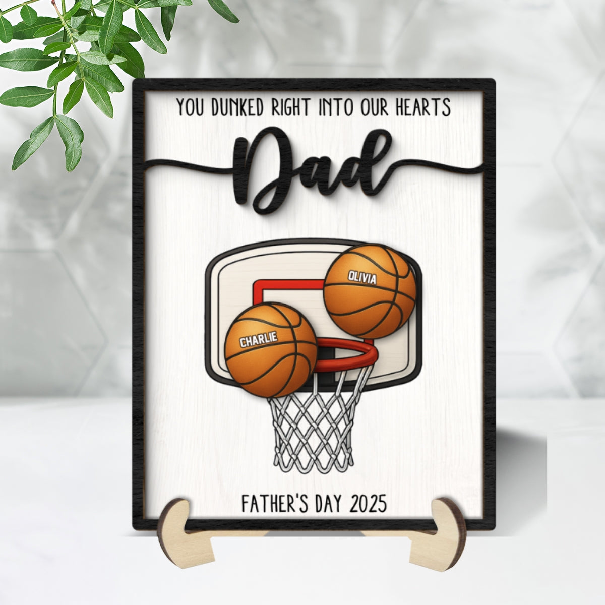 You Dunked Right into Our Hearts Dad Personalized 2-Layered Wooden Plaque, Father's Day Gift for Basketball Dad, Gift for Husband