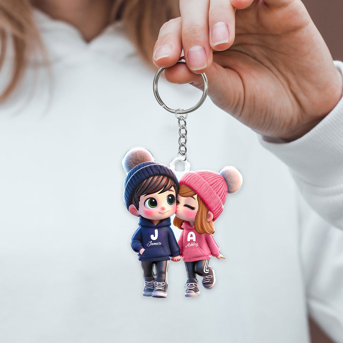 3D Effect Cute Cartoon Couple Walking Personalized Acrylic Keychain, Gift for Him, Gift for Her