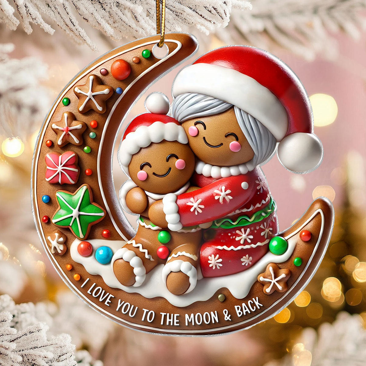 3D Effect Gingerbread Grandma Hugging Grandkid On Moon Christmas Personalized Acrylic Ornament, Meaningful Gift For Granddaughter, Grandson
