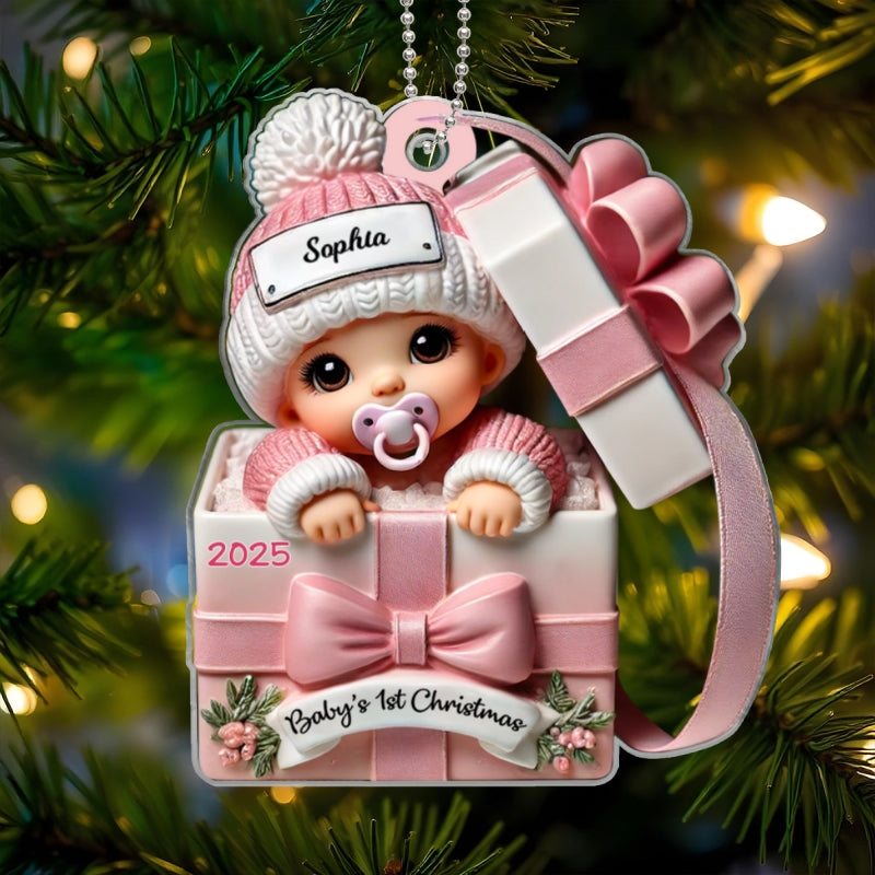 Baby Inside Gift Box 3D Effect Personalized Acrylic Ornament, Lovely Keepsake to Celebrate Little Miracle, Christmas in July
