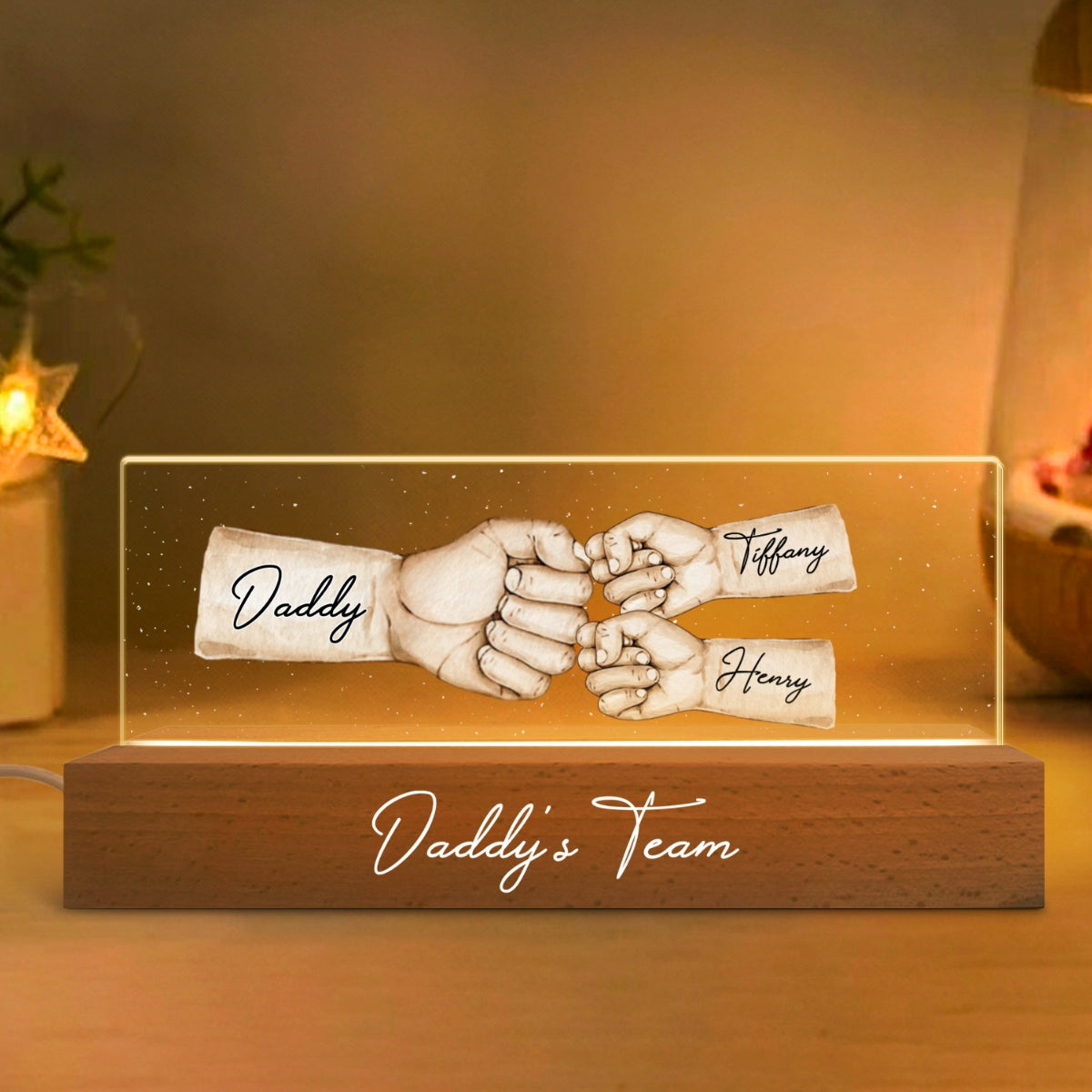 Daddy's Team Fist Bump Personalized Acrylic LED Night Light, Father's Day Gift For Dad, Gift For Husband, Gift For Grandpa