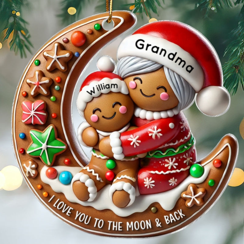 3D Effect Gingerbread Grandma Hugging Grandkid On Moon Christmas Personalized Acrylic Ornament, Meaningful Gift For Granddaughter, Grandson