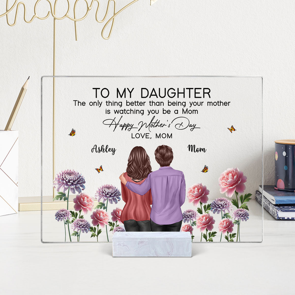 To My Daughter From Mom Happy Mother's Day Birth Flower Personalized Rectangle Acrylic Plaque with Stand, Gift For Daughter