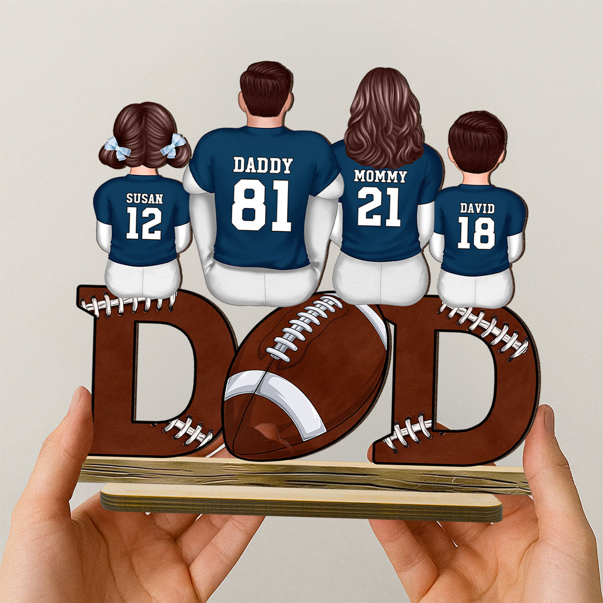 Football Dad And Kids Back View Personalized Standing Wooden Plaque, Father's Day Gift for Husband, Gift for Dad