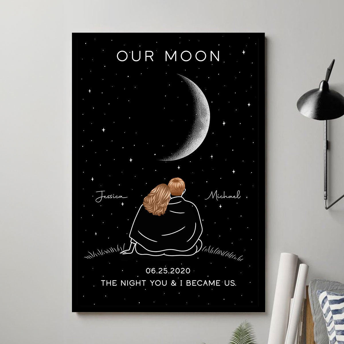 Couple Under Star Sky, Moon Phase Art Personalized Poster, Anniversary gift for him, for her