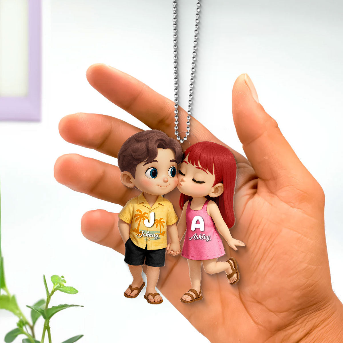 Cute Cartoon Couple Summer Vibe Personalized Acrylic Car Hanger, Gift for him, Gift for her