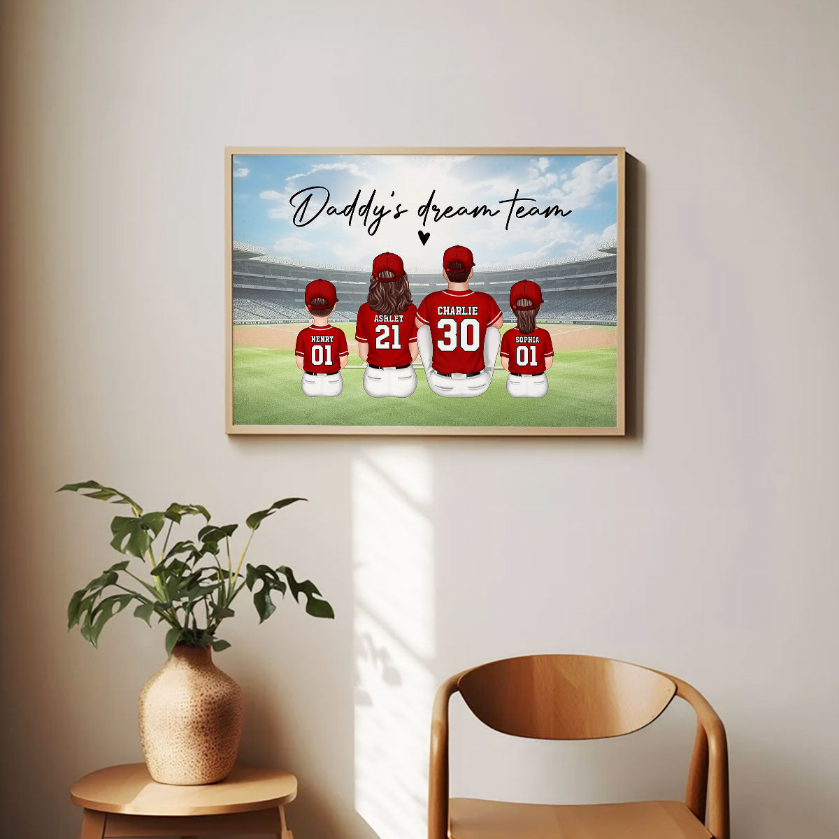 Daddy's Team Baseball Family Sitting Personalized Poster, Unique Father's Day Gift for Dad, Gift for Husband