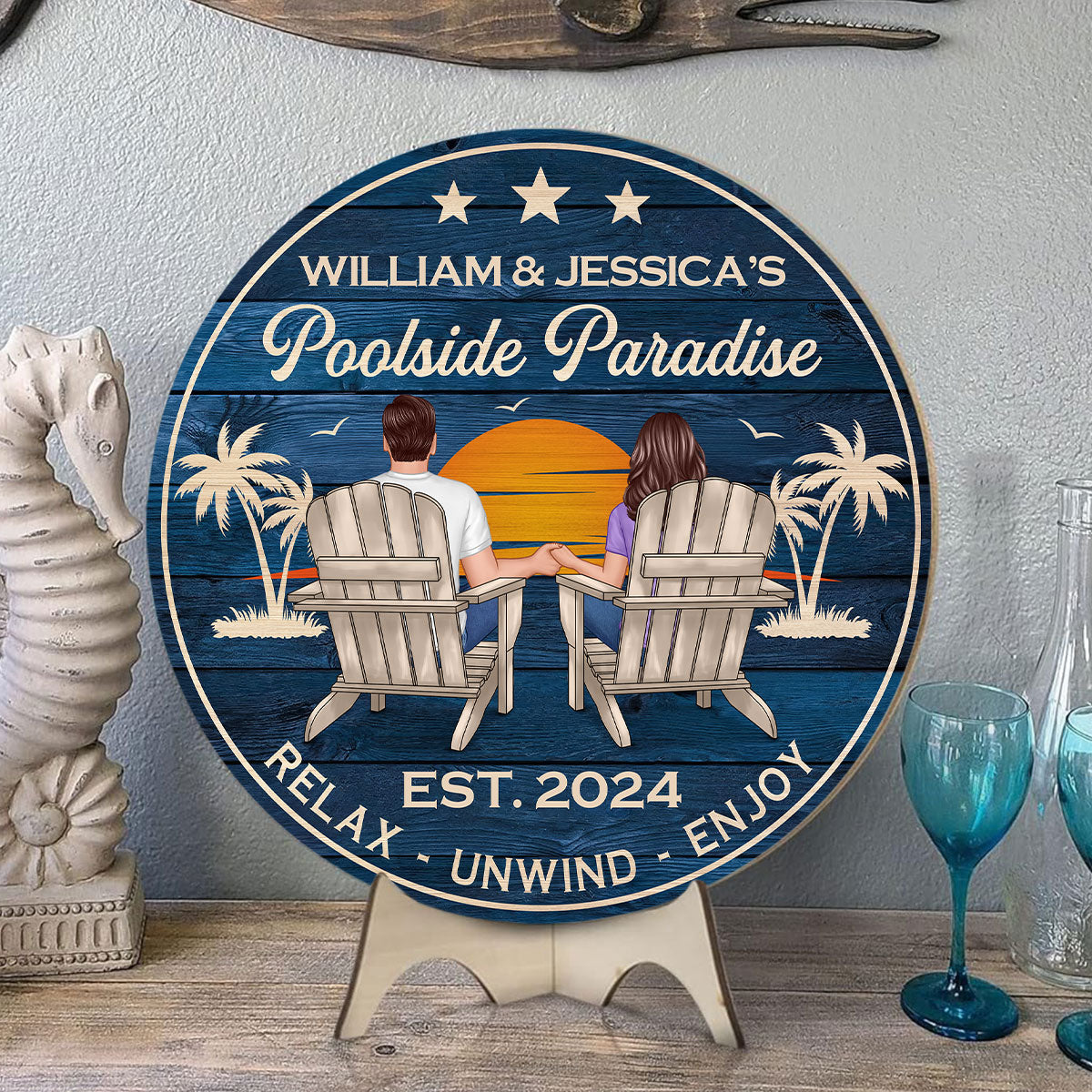 Poolside Paradise Couple Sitting Personalized Wood Sign, Summer Decor, Perfect for Bar, Pool Deck, Beach House, Backyard Walls