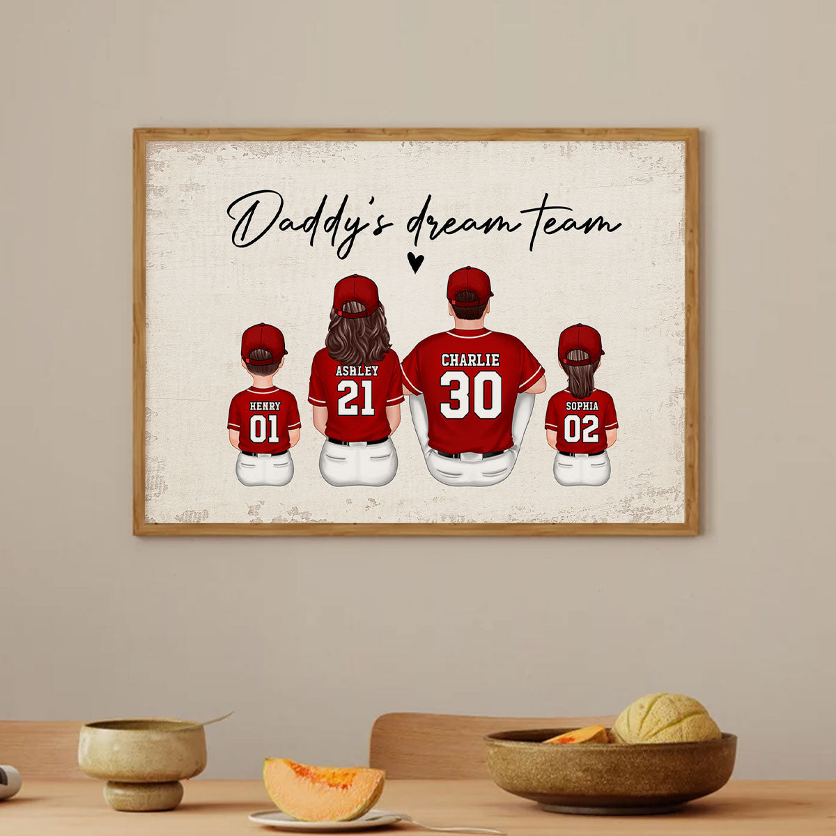 Daddy's Team Baseball Family Sitting Personalized Poster, Unique Father's Day Gift for Dad, Gift for Husband