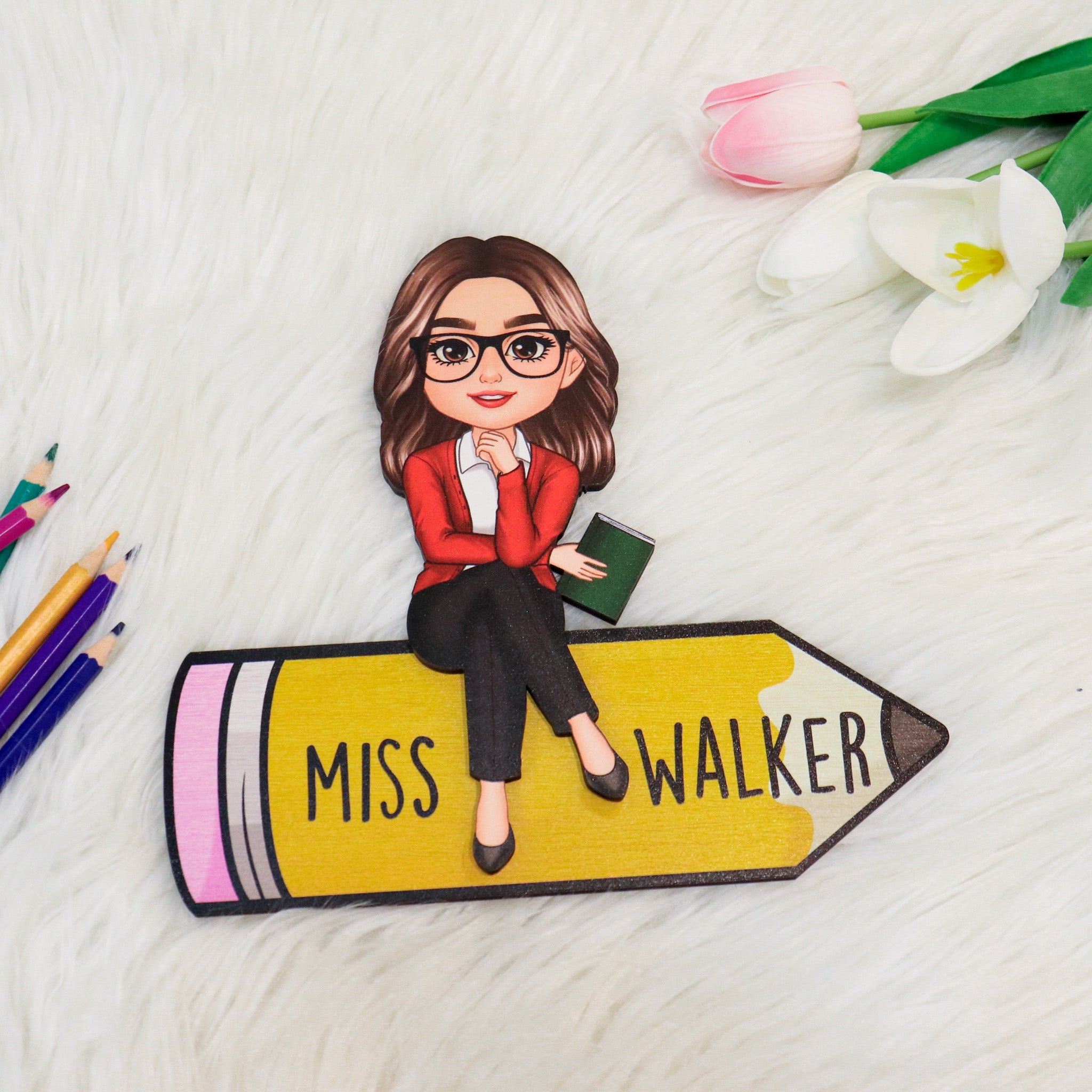 Doll Teacher Sitting On Pencil Personalized 2-Layer Wooden Plaque, Office Decor for Teacher, Gift for Teacher, Teacher Appreciation Gift