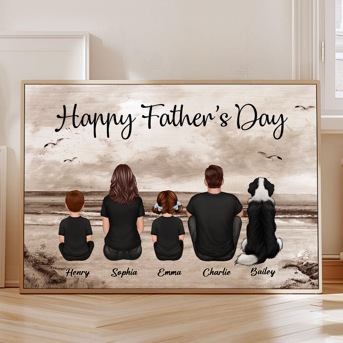 Family Sitting Retro Vintage Beach Landscape Poster, Unique 2025 Father's Day Gift For Dad, Husband