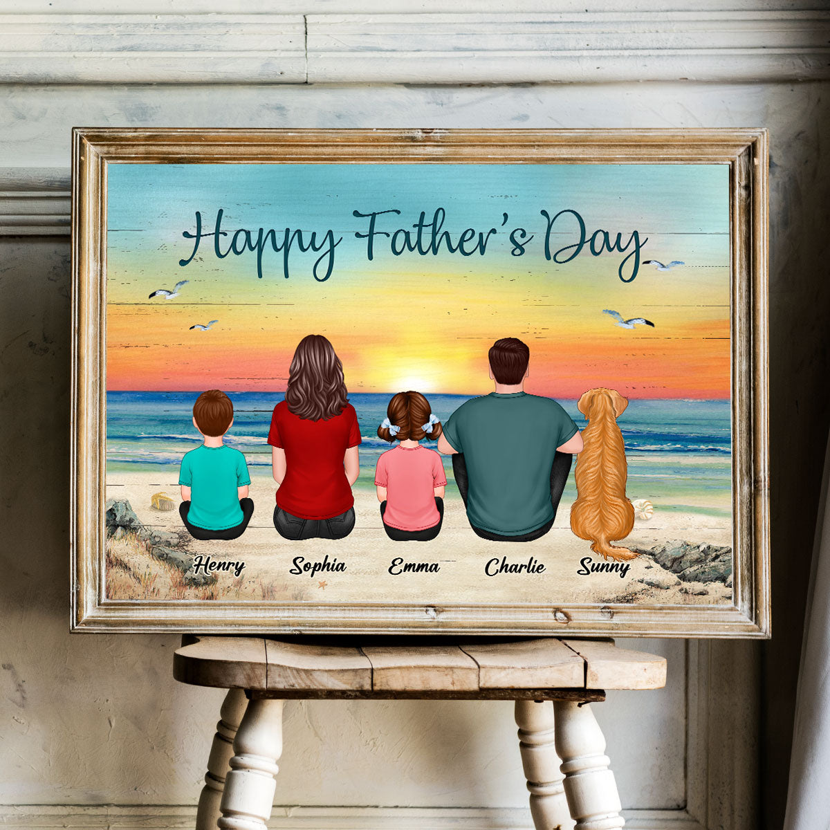Family Sitting Retro Vintage Beach Landscape Poster, Unique 2025 Father's Day Gift For Dad, Husband