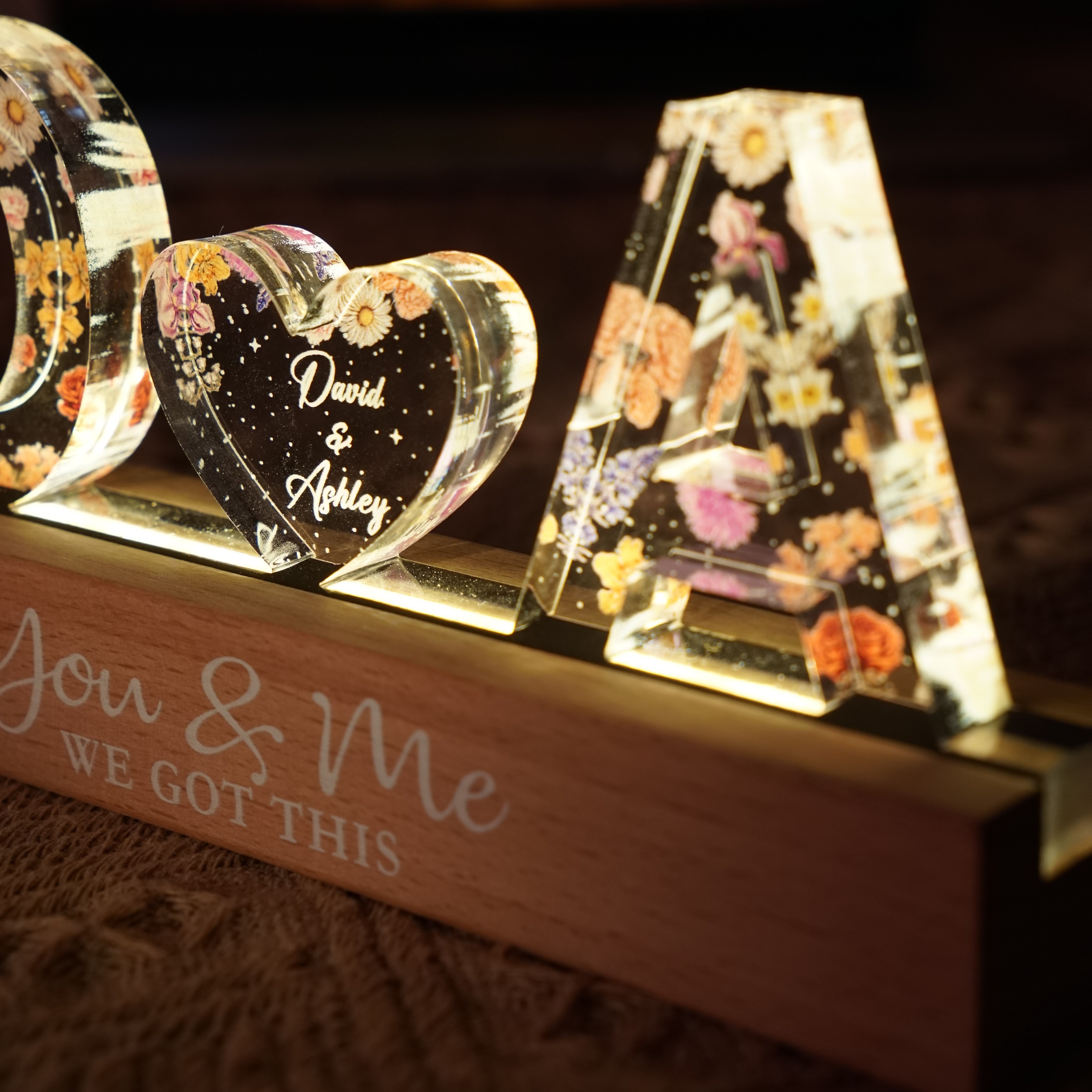 Couple Initials Floral Theme Personalized Acrylic Block LED Night Light, Heartfelt Gift For Her, For Wife