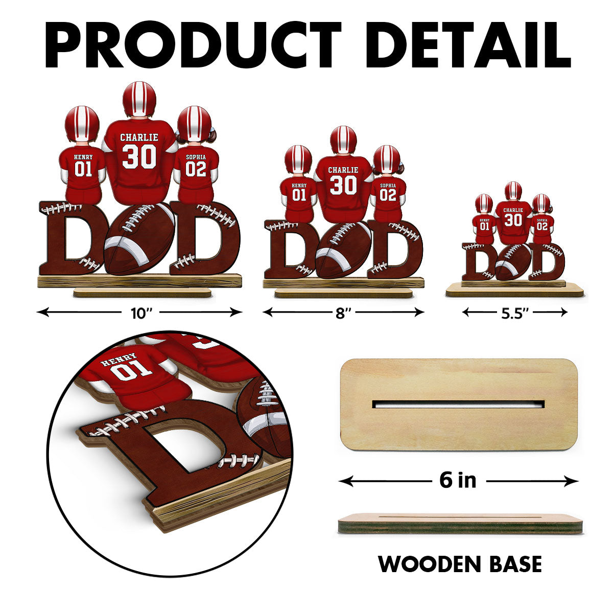 Football Dad And Kids Back View Personalized Standing Wooden Plaque, Father's Day Gift for Husband, Gift for Dad