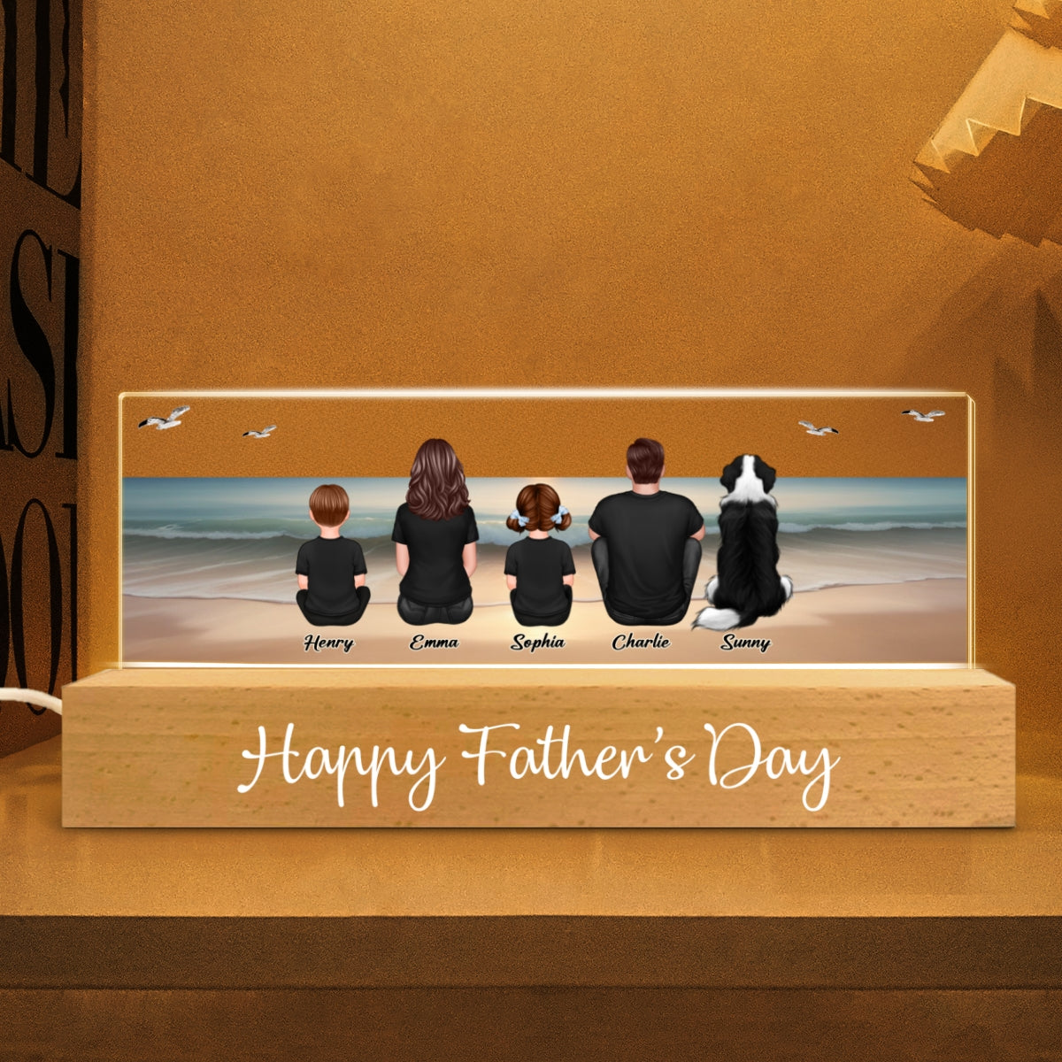 Eternal Family Love Beach Landscape Personalized Acrylic Block LED Night Light, Heartfelt Father's Day Gift For Dad