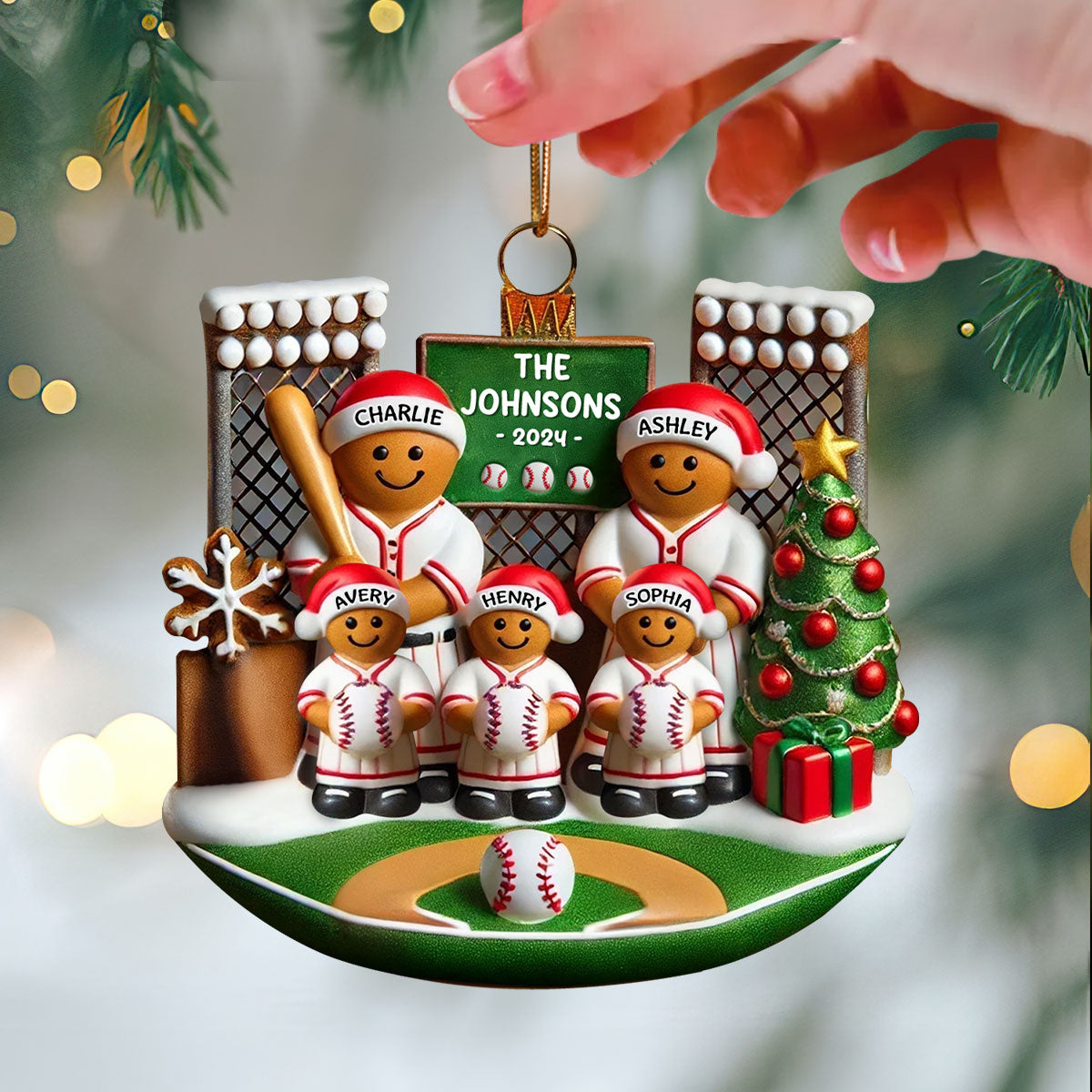 3D Effect Baseball Gingerbread Family On Field Sport Lover Personalized Acrylic Ornament