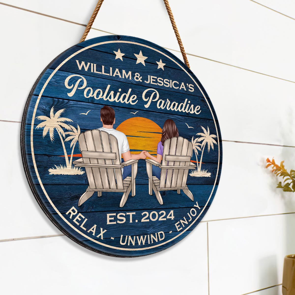 Poolside Paradise Couple Sitting Personalized Wood Sign, Summer Decor, Perfect for Bar, Pool Deck, Beach House, Backyard Walls