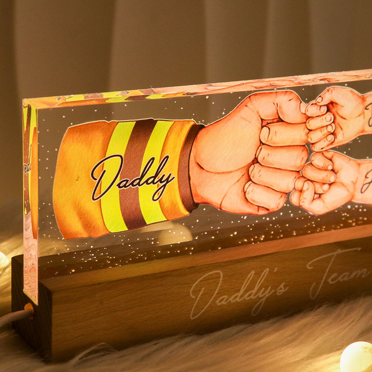 Daddy's Team Fist Bump Personalized Acrylic LED Night Light, Father's Day Gift For Dad, Gift For Husband, Gift For Grandpa