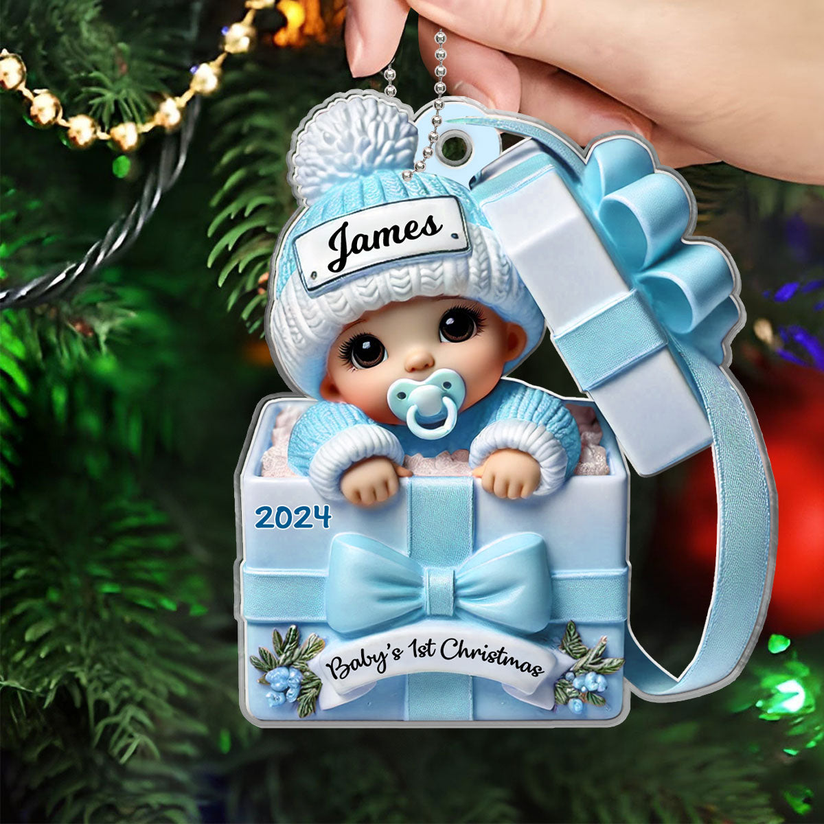 Baby Inside Gift Box 3D Effect Personalized Acrylic Ornament, Lovely Keepsake to Celebrate Little Miracle, Christmas in July