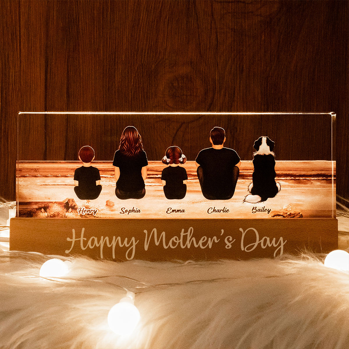 Family Sitting Back View Retro Vintage Beach Landscape Acrylic LED Night Light, Gift for Mom, Gift for Grandma, Gift for Wife