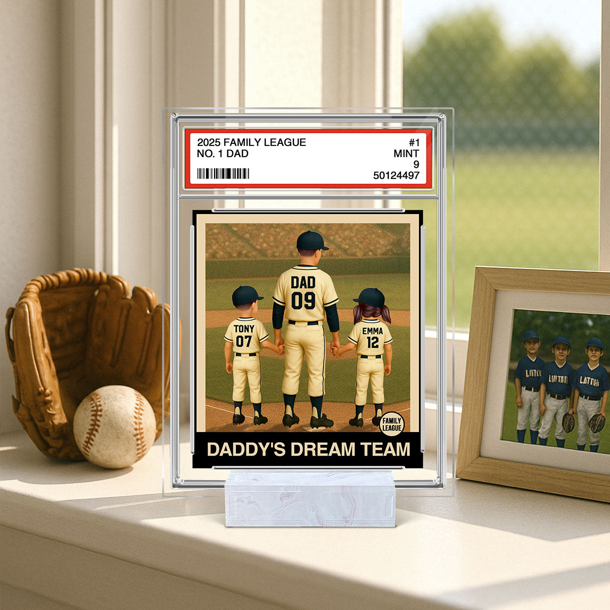 Baseball No. 1 Dad Man & Kids Trading Card Style Personalized Acrylic Plaque