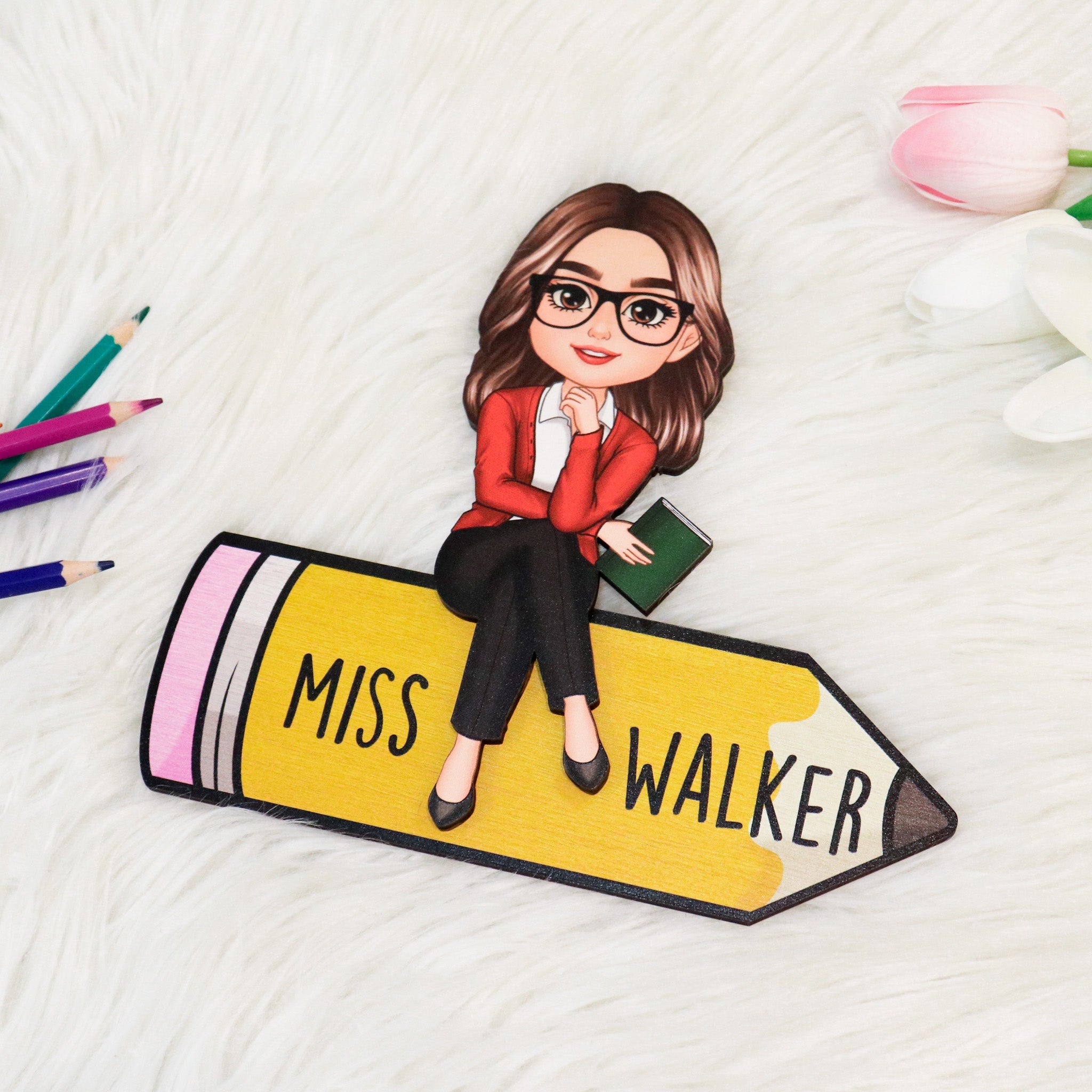 Doll Teacher Sitting On Pencil Personalized 2-Layer Wooden Plaque, Office Decor for Teacher, Gift for Teacher, Teacher Appreciation Gift