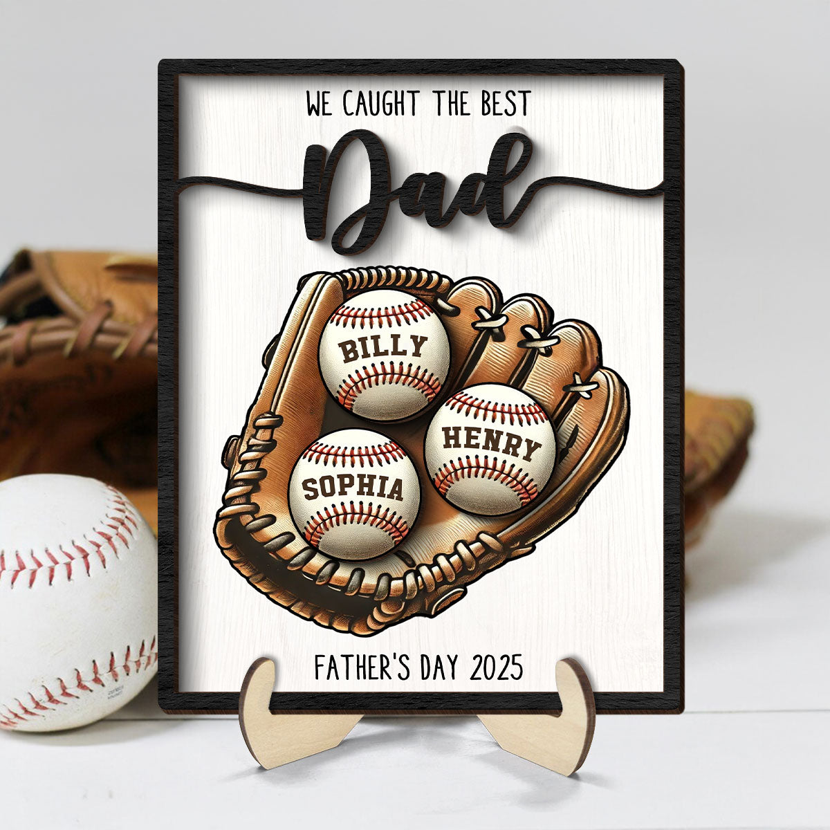 We Caught The Best Dad Baseball, Softball Personalized 2-Layer Wooden Plaque, Custom Kid's Name, Father’s Day Gift For Husband, Gift For Dad
