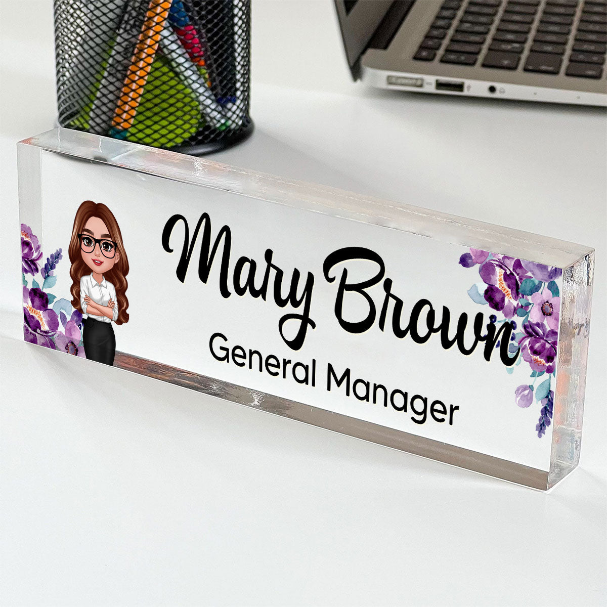 Daisy Flowers Woman Man Office Personalized Acrylic Desk Name Plate, Office Desk Decor, Gift For Colleagues, Coworkers, Boss