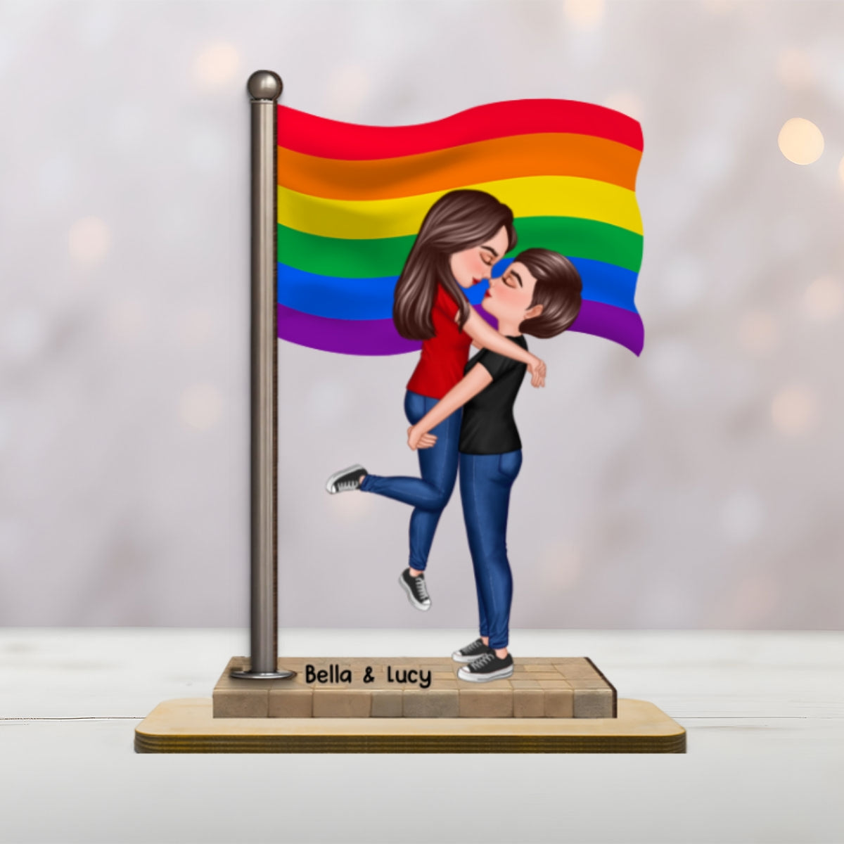 LGBT Couple Hugging Kissing Flag Personalized 2-Layered Standing Wooden Plaque, Pride Month Gift, Anniversary Gift
