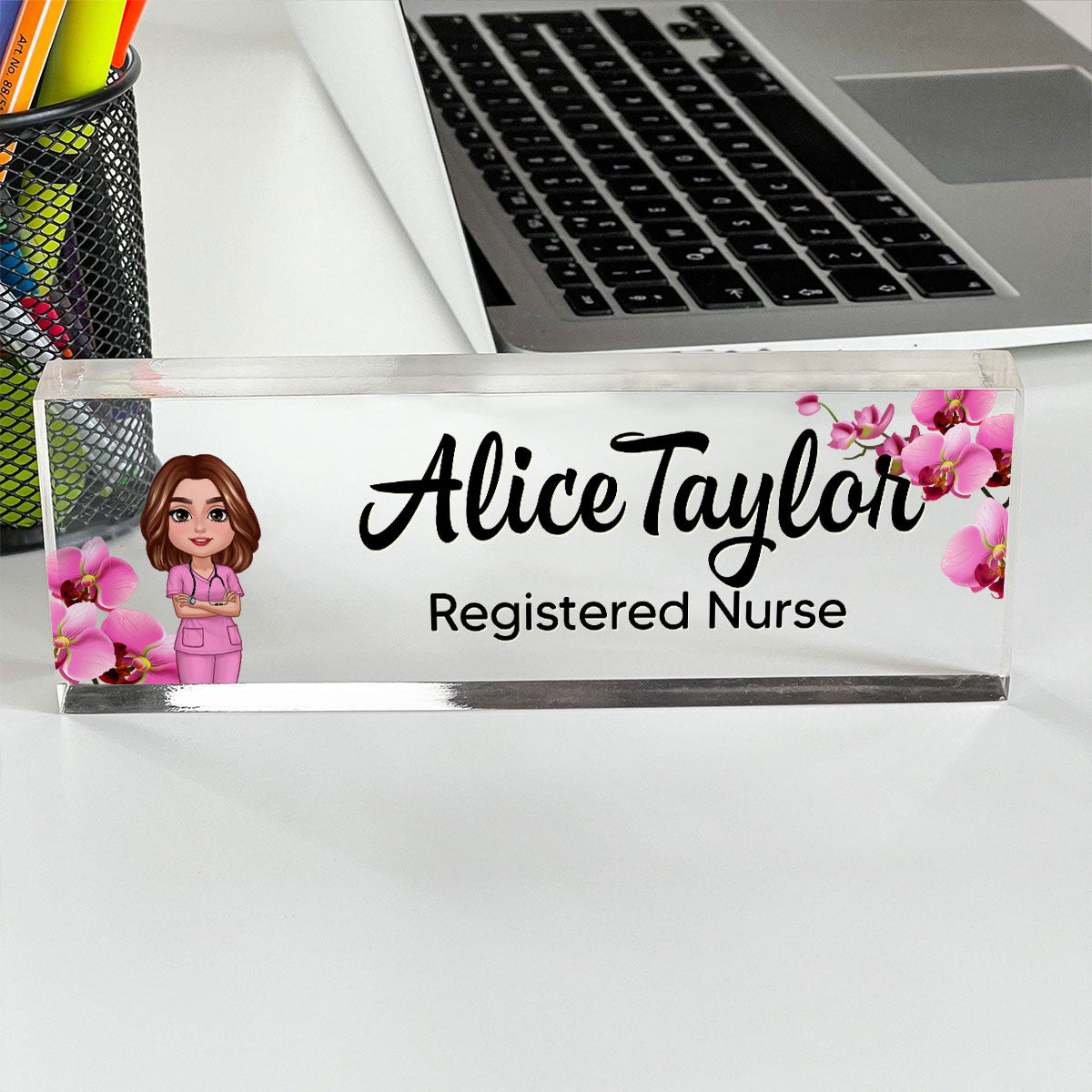 Daisy Flowers Woman Man Office Personalized Acrylic Desk Name Plate, Office Desk Decor, Gift For Colleagues, Coworkers, Boss