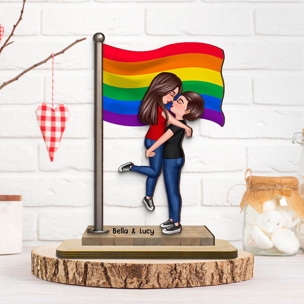 LGBT Couple Hugging Kissing Flag Personalized 2-Layered Standing Wooden Plaque, Pride Month Gift, Anniversary Gift
