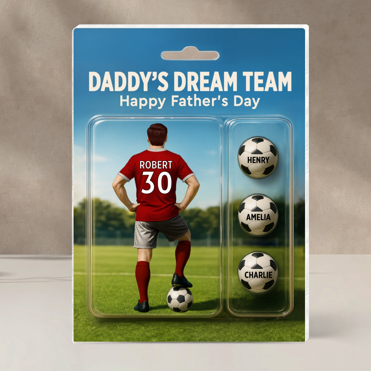Daddy's Dream Team Soccer With Kids' Names Custom Figure Personalized Acrylic Block Plaque, Perfect Father's Day Gift for Him, for Husband, for Dad, for Soccer Lover